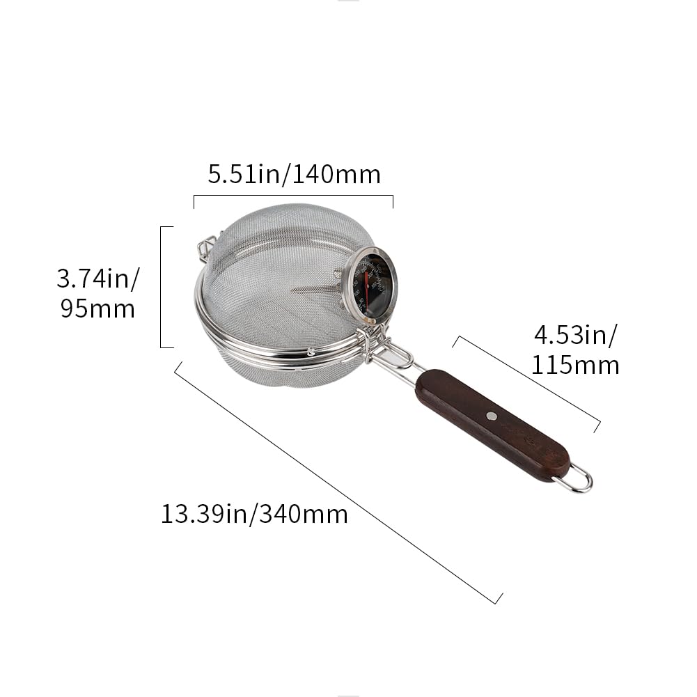 Stainless steel hand roaster with wooden handle, round, 14cm diameter, suitable for home use (includes cooking thermometer)