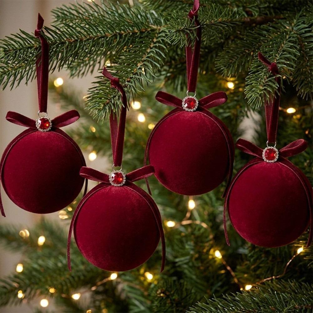 Flocked Velvet Flocked Xmas Baubles Cute Bowknot 8cm Tree Baubles Christmas Balls Window