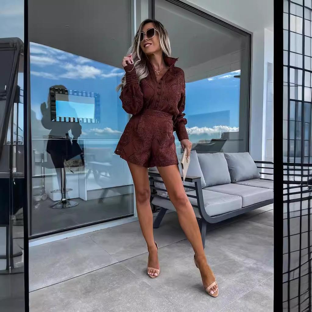 Женский весенне-летний костюм-рубашка с воротником-стойкой, однотонный, со свободными рукавами, на одной пуговице, повседневный, с широкими брюками и кружевными шортами, комплект из двух предметов