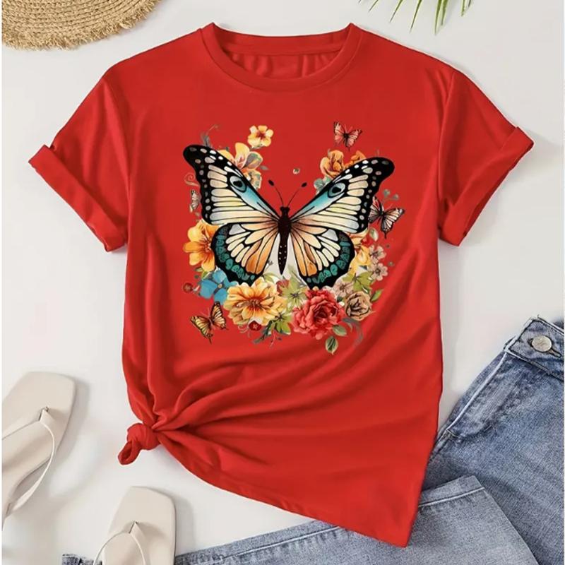 Модная женская футболка с цветочным принтом и принтом бабочек, забавная повседневная футболка с короткими рукавами и круглым вырезом, летняя женская футболка