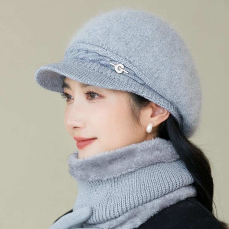 Women's Winter Velvet Thickened Cold and Warm Knitted Wool Hat Faux Rabbit Fur Hat Ear Protector Cap