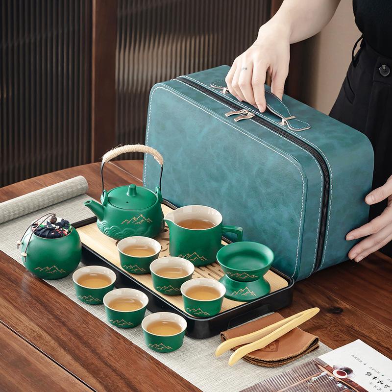 Китайский чайный сервиз из черной керамики в стиле легкой роскоши для заваривания чая, бытовой керамический чайный сервиз высокого класса с чайным подносом, полный набор в подарочной упаковке