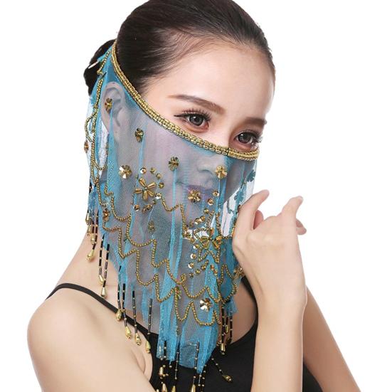 Performance Veil Flower Sequins Beads Decor See-through Lace Belly Dance Tribal Face Veil Breathable Fabric Adjustable Strap Indian Dance Veil
