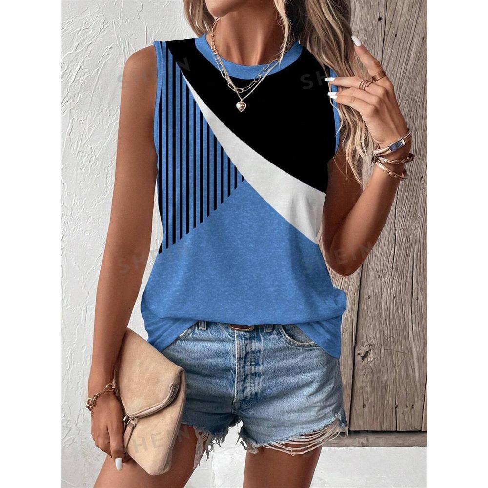 Vintage Striped Print Women's Tank Top Summer Casual Women's Elegant Crew Neck Tank Top Street Fashion Women's Sleeveless Top