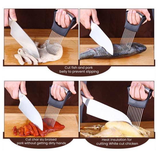 Держатель для нарезки лука из нержавеющей стали, слайсер для овощей, резак для картофеля, помидоров, лимона, кухонный измельчитель, вспомогательный инструмент, тендерайзер для мяса