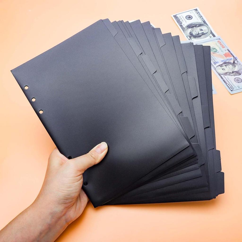 Mogoostry A5 Binder Pocket 7-Tab Binder Dividers Index Pocket Dividers for 6 Ring Binder 1/7 Cut Black Plastic Sheets Protectors, Pack of 2 Sets, 14