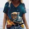 Cute Kitten Women's T-Shirts V-Neck Short Sleeve Harajuku Tshirts Summer Woman Fashions Tops Loose Casual Clothing Kawaii