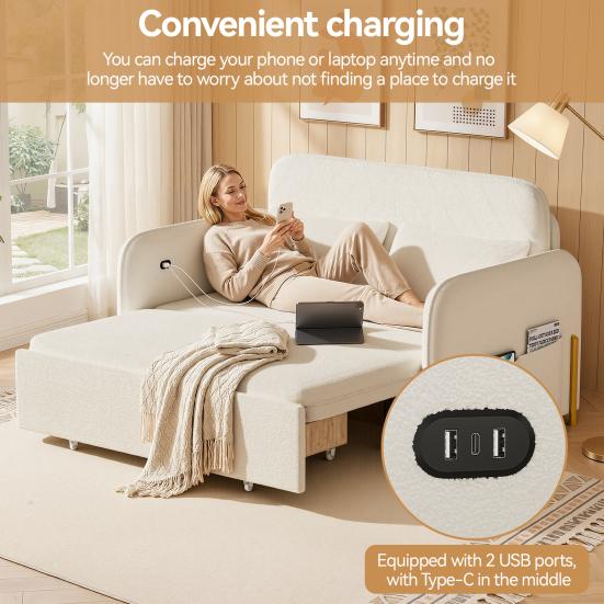 Convertible Sleeper Sofa 3-In-1 Bed, Boucle Loveseat with Put Out Bed And Drawer, Couch Love Seat Side Pockets, 2 Pillows, USB Ports Gold Metal Legs,