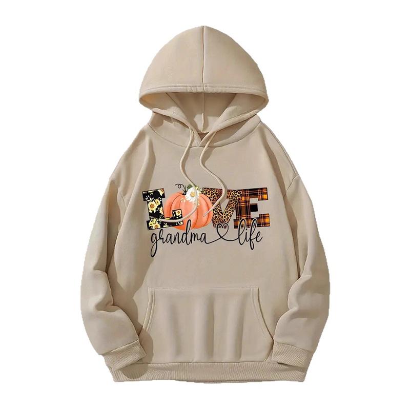 Женские весенне-осенние повседневные худи с капюшоном, длинным рукавом и большим карманом, пуловер с принтом тыквы и надписью LOVE на Хэллоуин