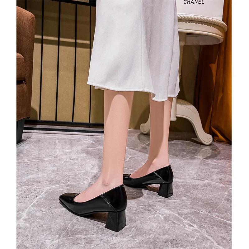 Модные туфли-лодочки из лакированной кожи на толстом каблуке с квадратным носком, весна-осень 2024, средний каблук, черные туфли на высоком каблуке, женская обувь для работы