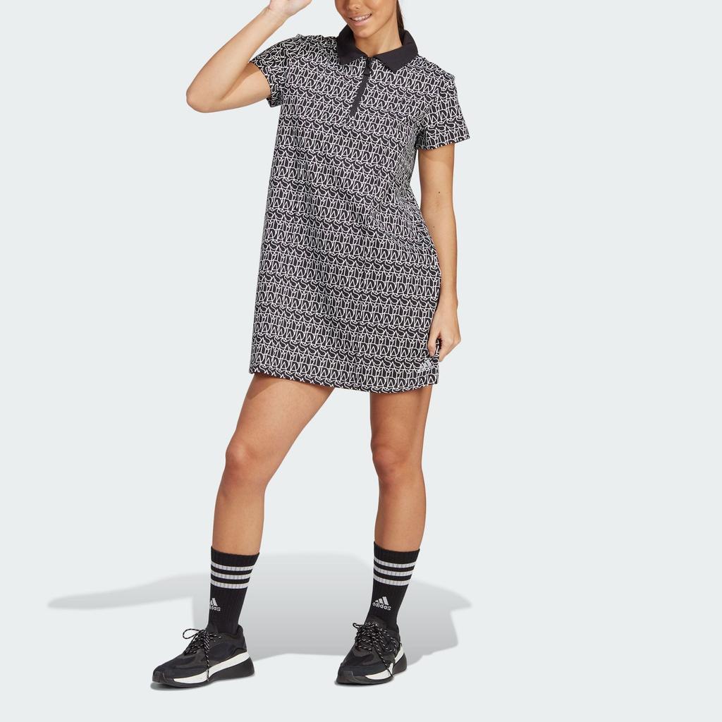 Adidas Женское платье с воротником-поло и коротким рукавом с принтом, черное IC5707