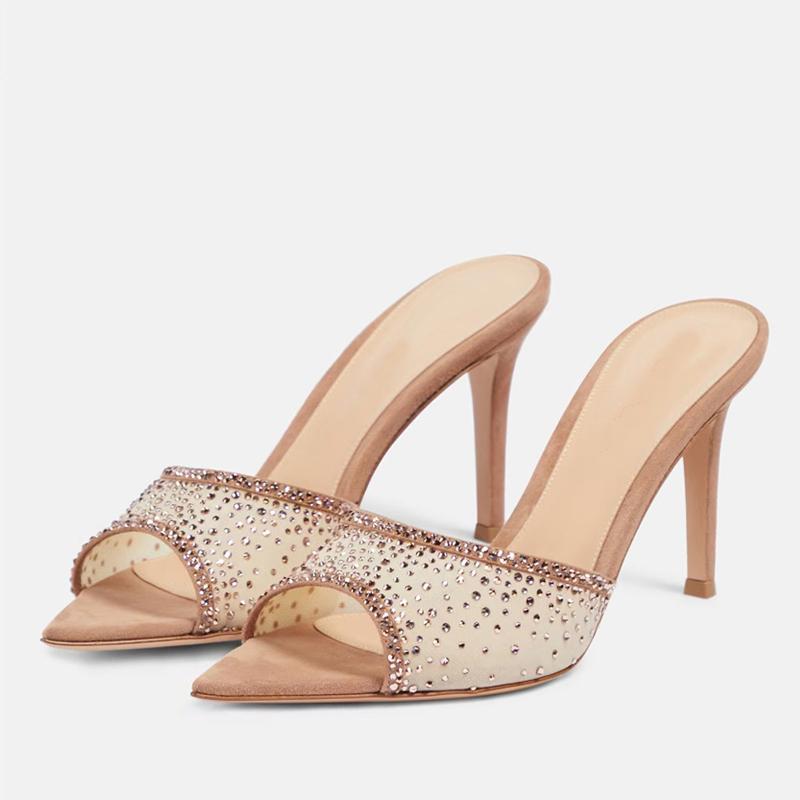 Liyke Летняя мода Кристалл Стразы сетчатые женские тапочки вечерние банкетные туфли мюли сексуальные острые носки тонкие высокие каблуки шлепанцы