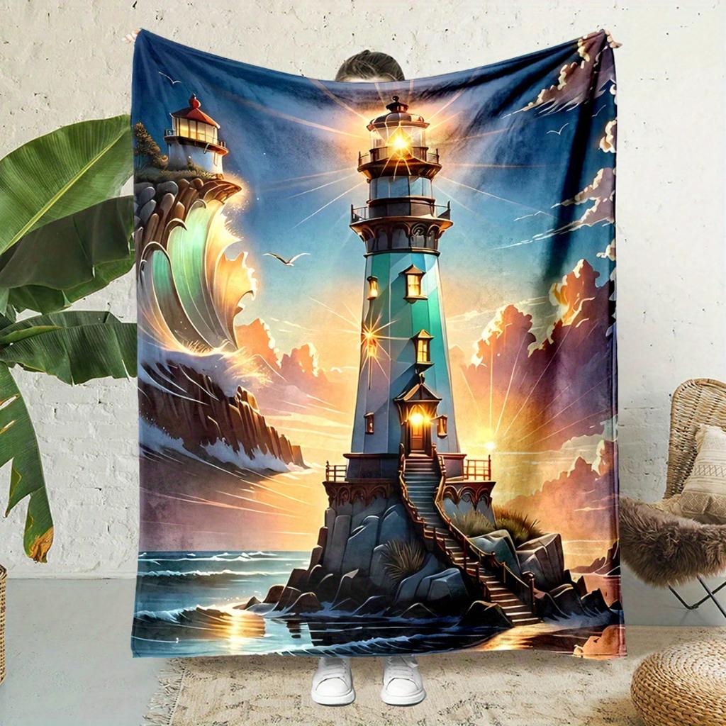 Lighthouse Sunset Blanket Ocean View with Beacon Light Scenic Coastal Art Design Soft Flannel Throw for Home DecorCozy Gift Idea