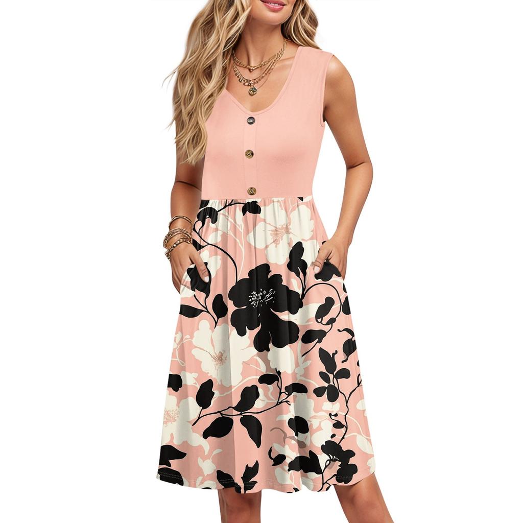 Женские летние платья с принтом, без рукавов, повседневные, свободные, расклешенные, на пуговицах, миди-сарафан с карманами