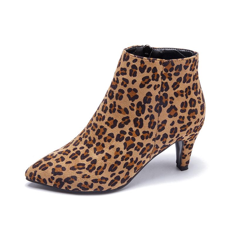 Fashion 2024 Autumn High Heels Ankle Boots Plus Size Leopard Women Boots Retro Pointed Ladies Shoes Side Zipper Booties Botas De Mujer