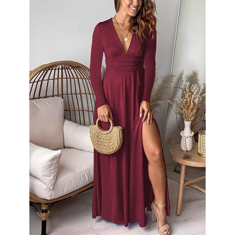 Spring and Autumn Women's Dress Deep V-Neck Long Sleeve Dress Pleated High Waist Split Party Evening Dress Solid Colour Dresses