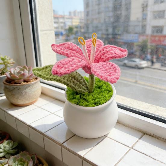 Вязаные комнатные растения Искусственный вязаный цветок лилии с горшком Ручной работы Цветочный подарок для мамы Учителя Женщин Друзей на День Рождения Юбилей