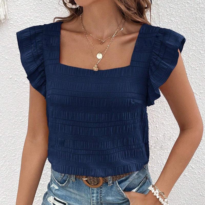 Женская летняя футболка с квадратным воротником и оборками, однотонный пуловер, топ