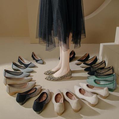 Модные женские вязаные туфли-лодочки с острым носком на танкетке, противоскользящая резиновая подошва, модный красивый узор, повседневные, новинка 2024, дышащие, на плоской подошве