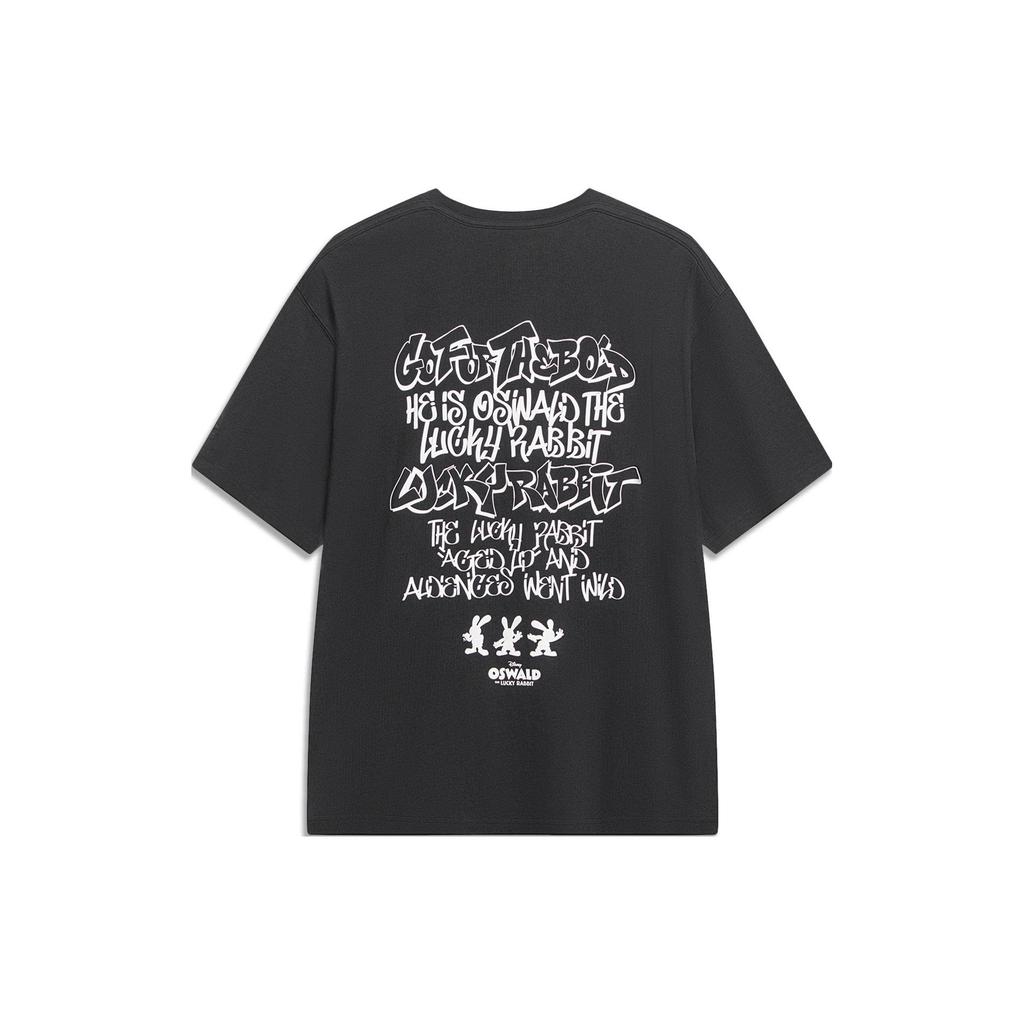 Li-Ning X Disney Oswald Series Cartoon Print Round Neck Loose Short Sleeve T-Shirt Unisex Tops Black AHST317-4