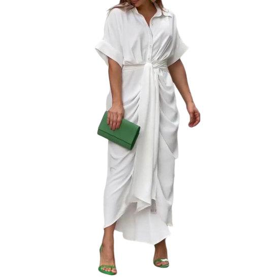 Женское летнее платье с отложным воротником на шнуровке, высокой талией и короткими рукавами, однобортное плиссированное платье макси длиной до щиколотки