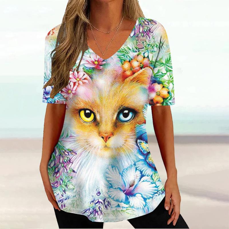 2023 модная женская одежда, топы с короткими рукавами и 3d цветным принтом кошки, повседневные уличные пуловеры, летние женские футболки больших размеров