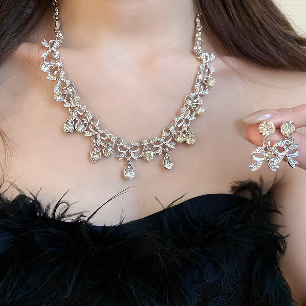 2 pieces Inlaid Necklace Earrings Set Bow Crystal Necklace Set Rhinestone Jewelry Set Women