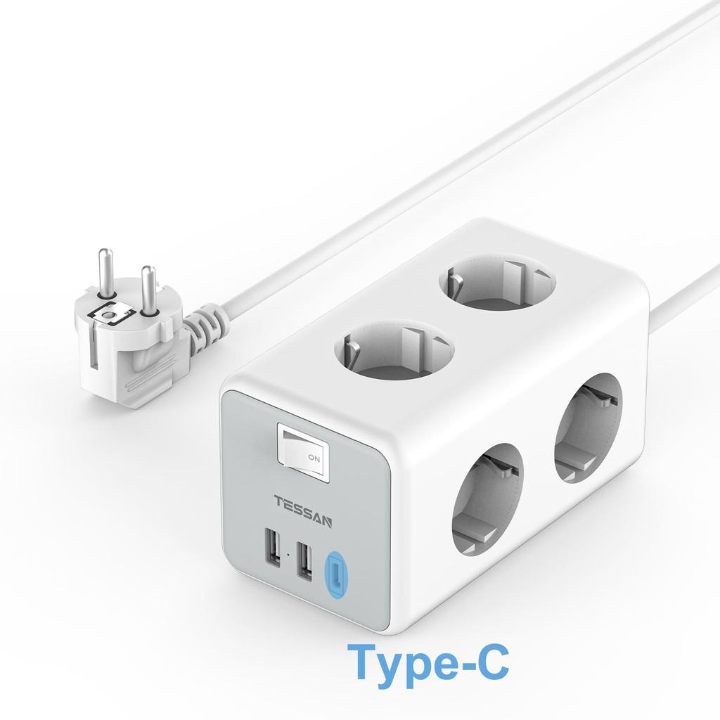 Tessan Power Strip European Multi Plug Cube Socket with Switch 6 Outlets 3 USB Charging Ports 2M Extension Cable for Home
