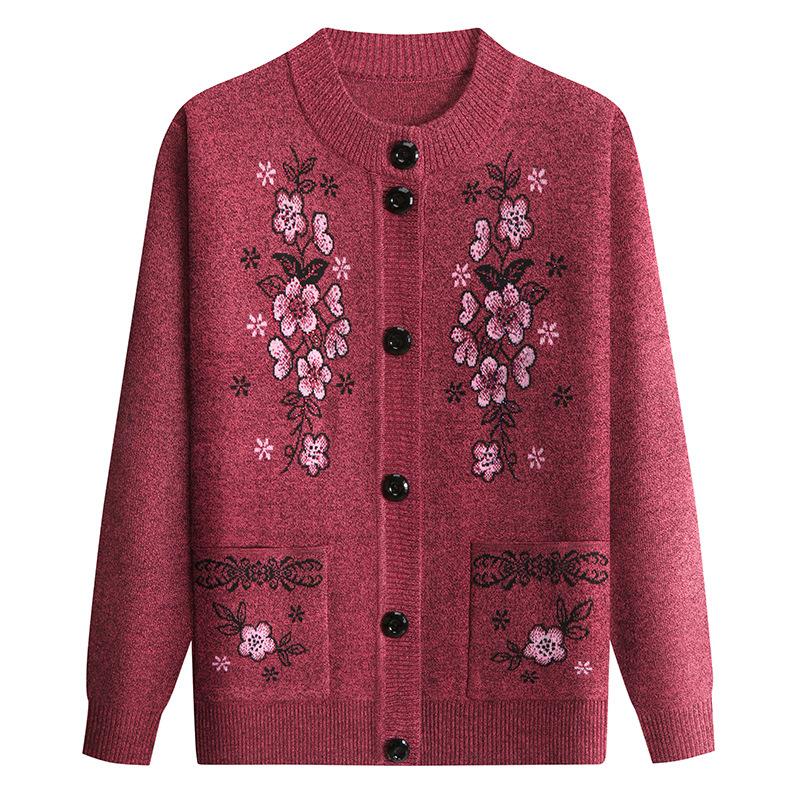 Spring and Autumn Fashion Mother's Wear Flower Embroidered Knit Sweater Temperament Elegant Elderly Clothes