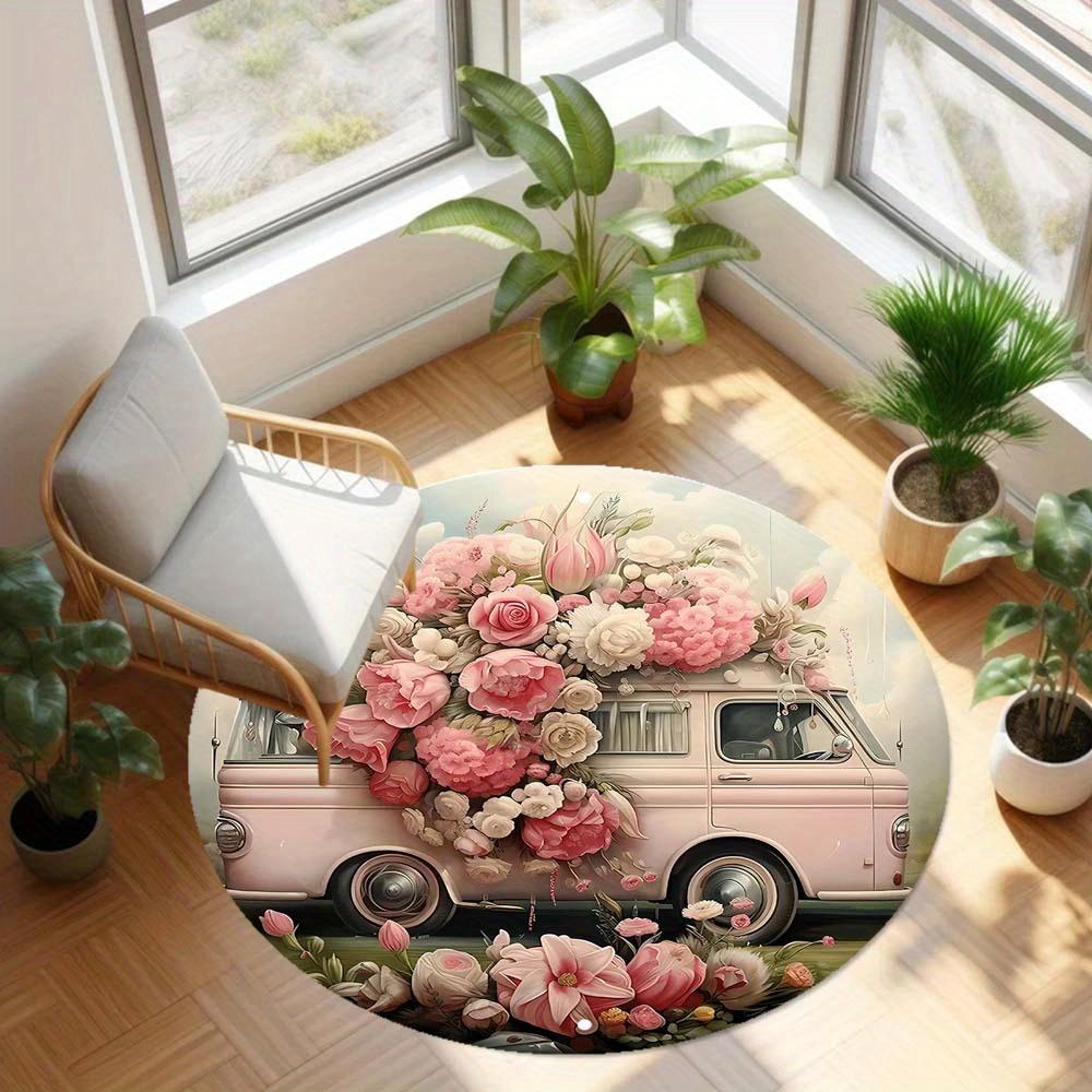 1 Piece Retro Flower Car Outdoor Round Carpet Floor Mat Doorway Decorative Carpet Outdoor Patio Camping Carpet Living Room Bathroom Bedroom Decorative