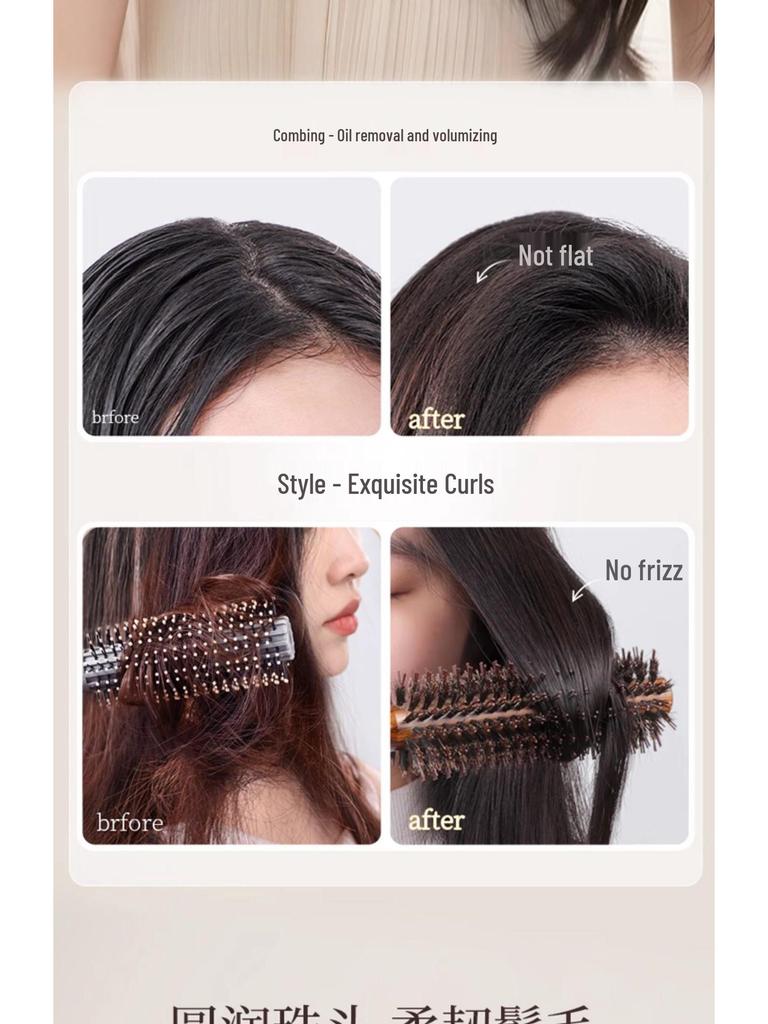 2025 Wooden Boar Bristle Anti-Static Curling Comb for Women's Long Hair - Round Barrel Hair Styling Roller