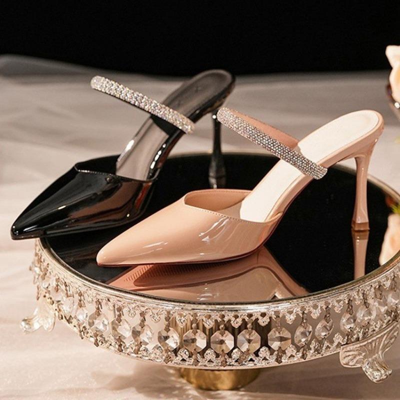 2024 Летние женские тапочки, хит продаж, украшение из стразов, модные французские тапочки с острым носком, женские туфли на высоком каблуке