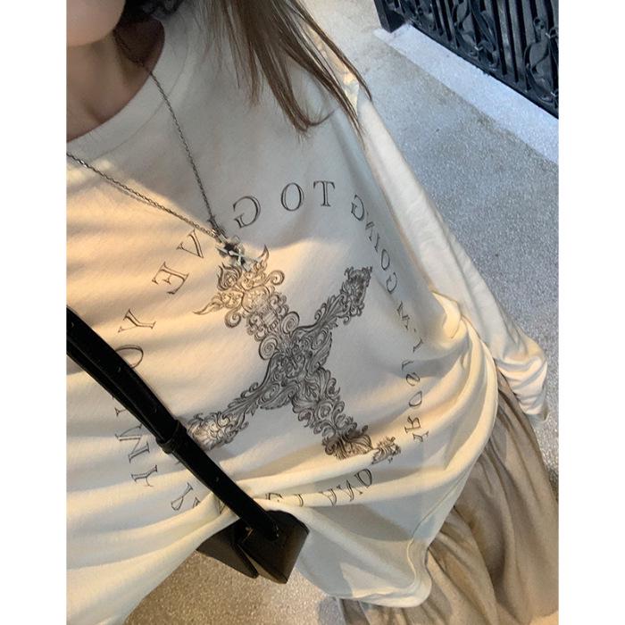 2024 Summer Women's Loose Long Sleeve Printed Drapey T-Shirt