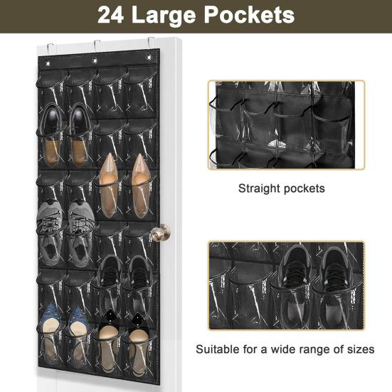 Shoe Storage Bag Behind Door Hanging Large Capacity 24 Transparent Pockets Great Load Bearing Shoe Organizer Home Dorm Sundries Holder with 3 Hooks