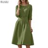 Women Casual Round Neck 3/4 Sleeve Loose Dress