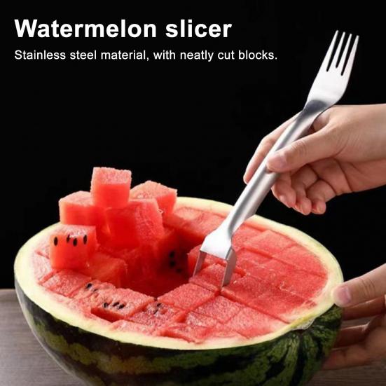 Stainless Steel Watermelon Cutter Dual Head Slicer Serving Fork Dishwasher Safe Fruit Cubing Tool for Picnics BBQ
