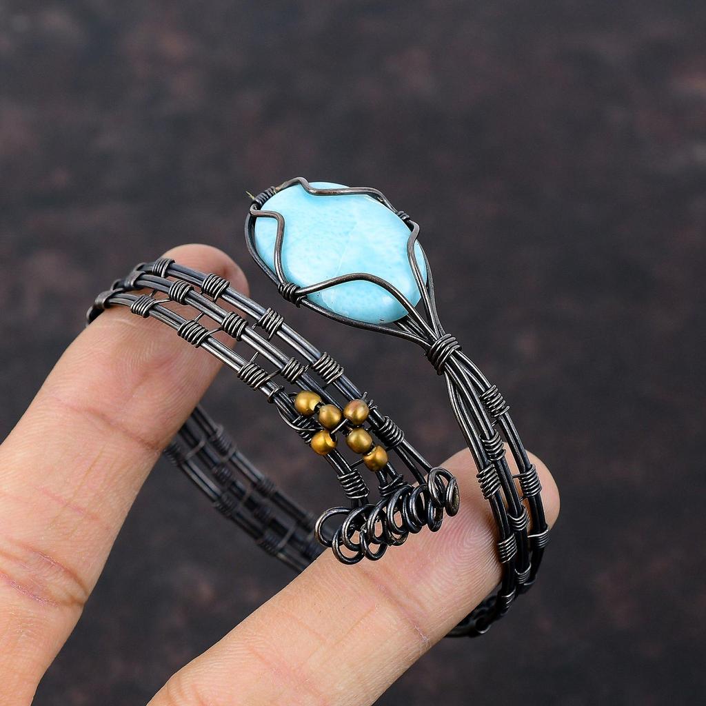 Браслет-манжета Ларимар, обмотанный медной проволокой, регулируемый браслет-манжета, ювелирное изделие, обмотанное медной проволокой, подарок для него, ювелирное изделие из драгоценного камня ручной работы