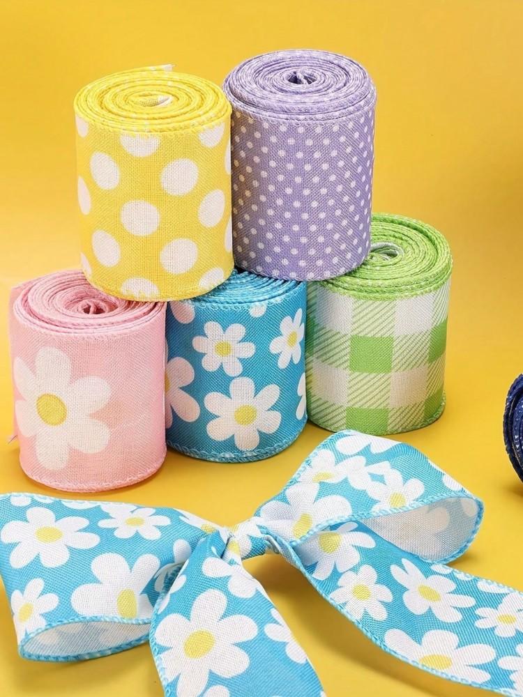 Easter Flower Daisy Ribbon Dotted Ribbon Checkered Ribbon Wave Pattern Fabric Ribbon Size 5 1 Roll
