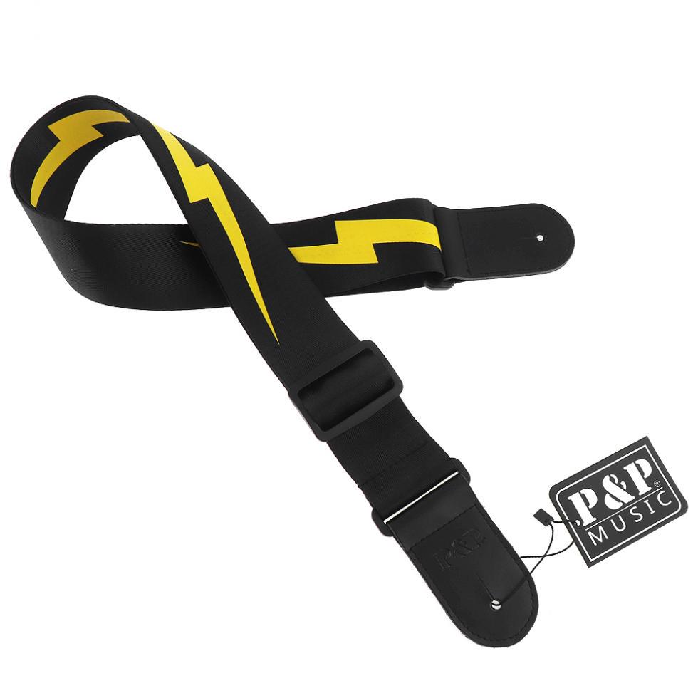 Регулируемый гитарный ремешок с желтым узором молний и головкой из натуральной кожи для акустической бас-гитары