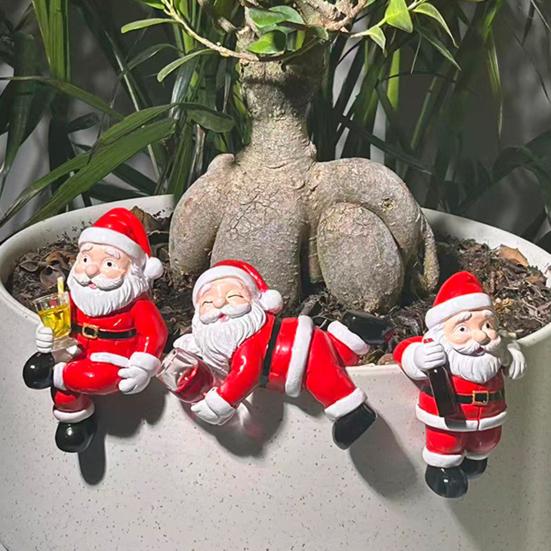 3 Pcs Santa Planter Hugger Figurine Miniature Santa Claus Holding Red Wine/Drinks Flower Pot Decoration for Bonsai Aquariums Garden Decor