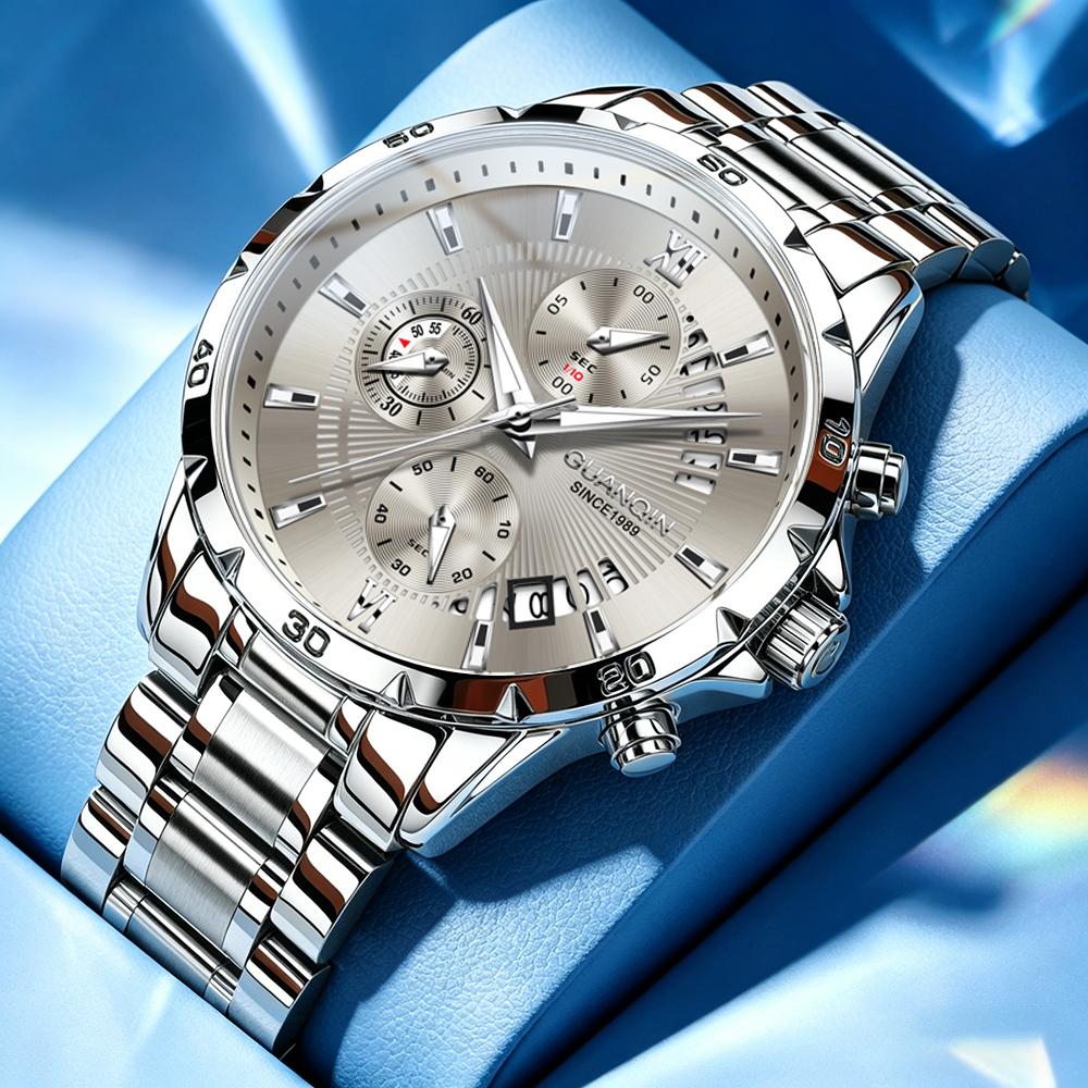 GUANQIN Men's Watches Multi-functional Trend Fashion Original Steel Quartz Wristwatch Waterproof Luminous Date Chronograph New