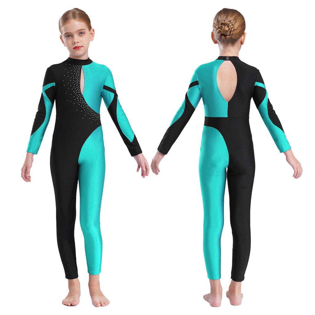 Rhythmic Gymnastics Jumpsuits Kids Shiny Rhinestone Ice Skating Bodysuit Girls Long Sleeve Ballet Dance Full Body Leotards Unitards Stage Wear