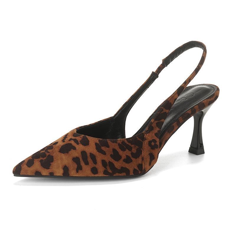 Sheepskin version retro leopard print bag head sandals women's thin heel shallow mouth empty single shoes European and American style temperament p