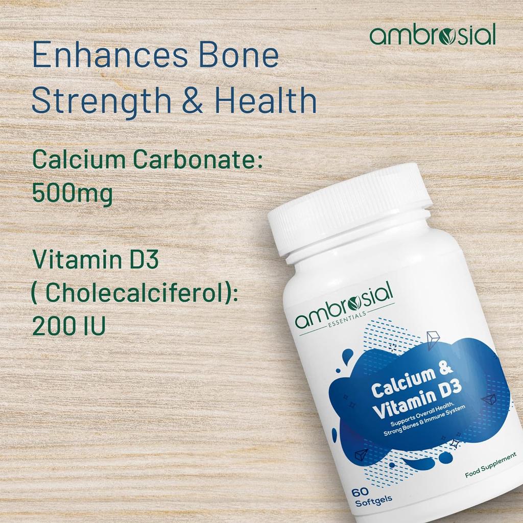 Таблетки AMBROSIAL с кальцием и витамином D3 Высокоэффективные таблетки с кальцием для женщин и мужчин Добавки с кальцием (Упаковка из 1-60 мягких капсул)