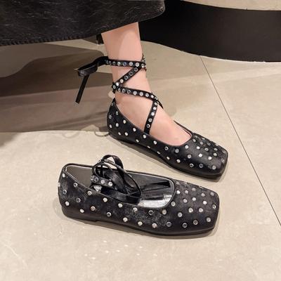 Балетки с квадратным носком, украшенные стразами и кристаллами, летнее элегантное платье, черно-белое, со шнуровкой, 2024 г., женская обувь