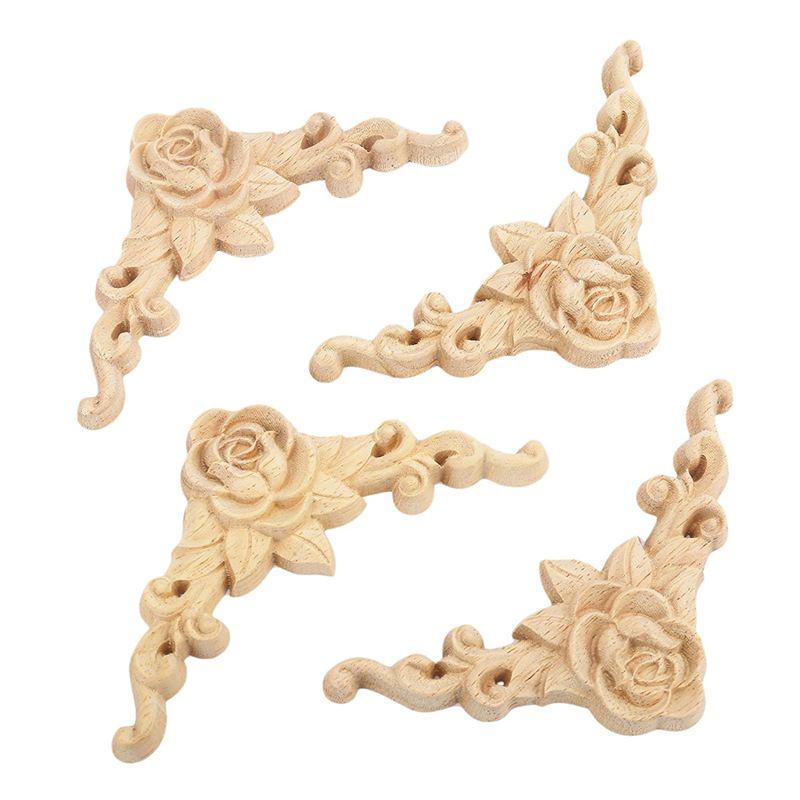 4pcs 8*8cm Wood Carved Corner Onlay Applique Door Cabinet Rose Unpainted Europ