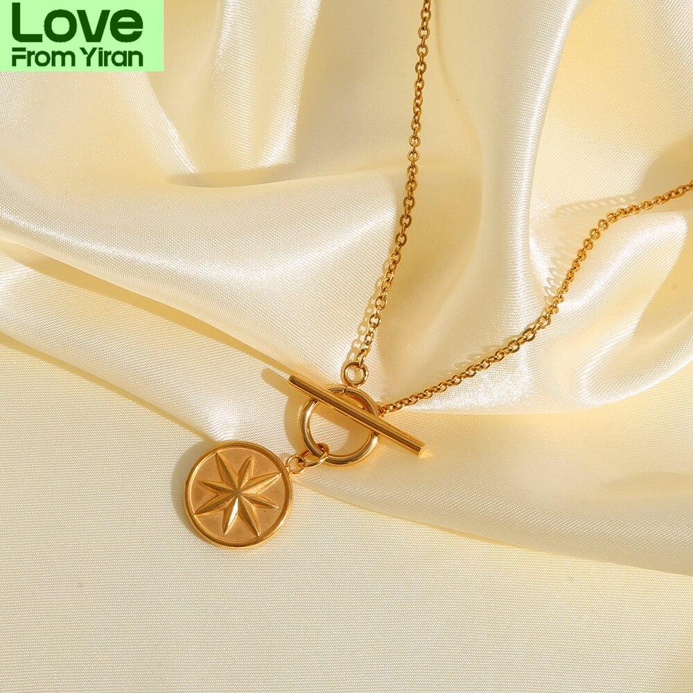 Six -Pointed Star Necklace For Women Stainless Steel Coin Toggle Necklace Medallion Choker Collier Joyas De Muje