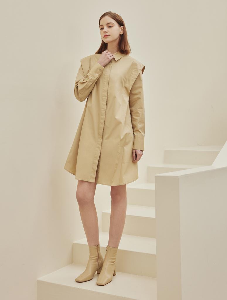 A Leaf Blake Shoulder Wing Long Shirts Dress_Beige