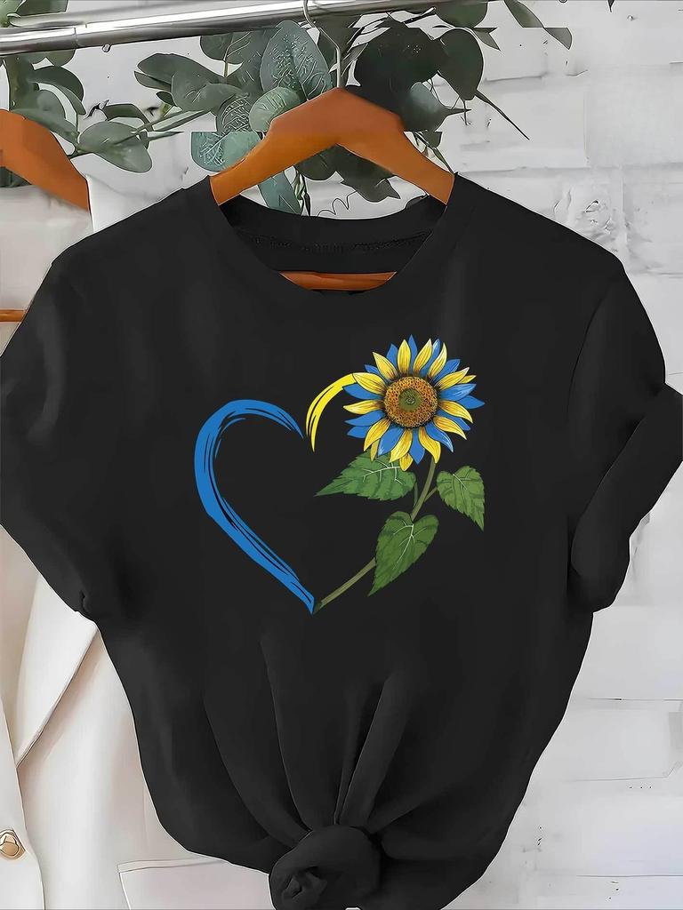 Women's Casual Short Sleeve T-Shirt Round Neck with Sunflower Heart Print for Summer Daily Floral Design Comfortable Ladies Top