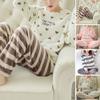 2 Pcs/Set Women Pajamas Striped Color Thickened Coral Matching Cartoon Print Fleece Soft Round Neck Long Sleeve Elastic Waist